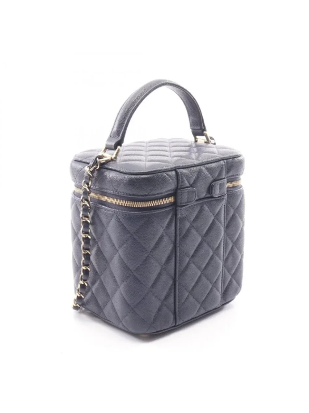 Chanel Shoulder Bag Quilted Vanity 2-Way Navy Caviar Leather Chain
